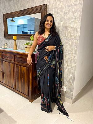 BLACK HAND EMBROIDERED COTTON KANTHA SAREE