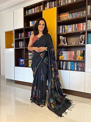 BLACK HAND EMBROIDERED COTTON KANTHA SAREE