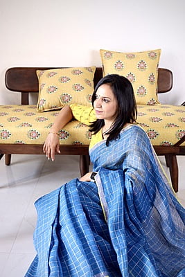 PURE LINEN INDIGO SAREE WITH SILVER ZARI CHECKS AND YELLOW BORDER