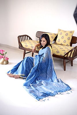 PURE LINEN INDIGO SAREE WITH SILVER ZARI CHECKS AND YELLOW BORDER