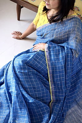 PURE LINEN INDIGO SAREE WITH SILVER ZARI CHECKS AND YELLOW BORDER