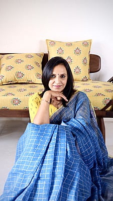 PURE LINEN INDIGO SAREE WITH SILVER ZARI CHECKS AND YELLOW BORDER