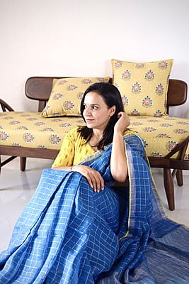 PURE LINEN INDIGO SAREE WITH SILVER ZARI CHECKS AND YELLOW BORDER