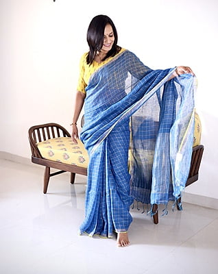 PURE LINEN INDIGO SAREE WITH SILVER ZARI CHECKS AND YELLOW BORDER