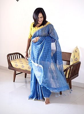 PURE LINEN INDIGO SAREE WITH SILVER ZARI CHECKS AND YELLOW BORDER