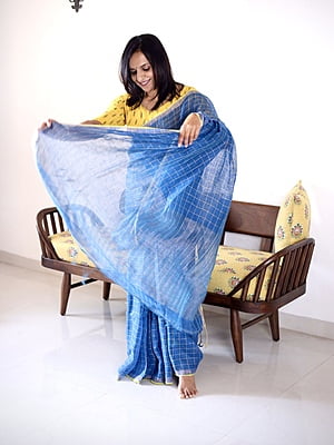 PURE LINEN INDIGO SAREE WITH SILVER ZARI CHECKS AND YELLOW BORDER