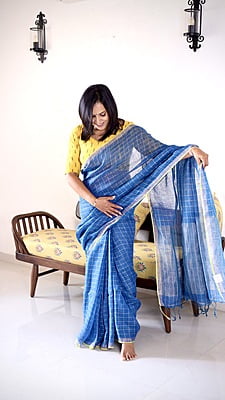 PURE LINEN INDIGO SAREE WITH SILVER ZARI CHECKS AND YELLOW BORDER