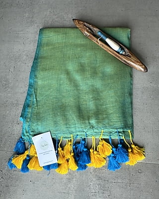 Plain Green Mulmul Cotton Saree with Contrast Tassels