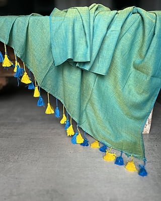 Plain Green Mulmul Cotton Saree with Contrast Tassels