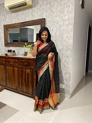 BLACK KHADI COTTON SAREE WITH ZARI CHECKS AND MULTICOLOUR BORDER