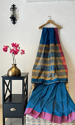 Cotton-stripes-jamdani-Bengal-blue Saree Cotton-stripes-jamdani-Bengal-blue Saree