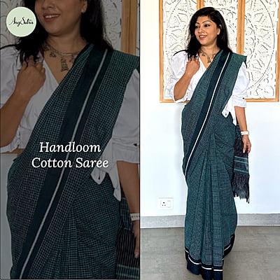 PURE HANDLOOM COTTON SAREE - GREEN CHECKS