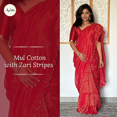 Handwoven Mul Cotton Saree with Zari Stripe - Red Handwoven Mul Cotton Saree with Zari Stripe - Red