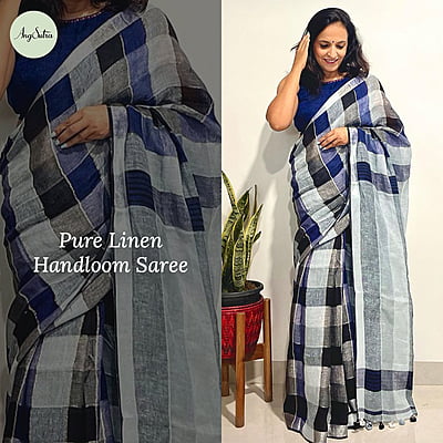 PURE LINEN HANDLOOM CHECKS SAREE- BLACK, GREY AND BLUE