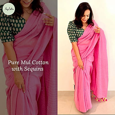 MUL COTTON SAREE WITH SEQUINS ALL OVER-PINK