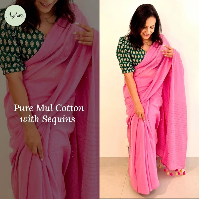 MUL COTTON SAREE WITH SEQUINS ALL OVER-PINK MUL COTTON SAREE WITH SEQUINS ALL OVER-PINK