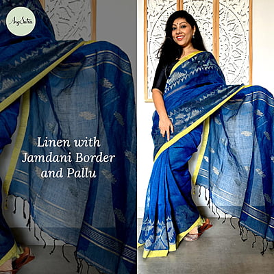 LINEN SAREE WITH JAMDANI BORDER AND PALLU - BLUE