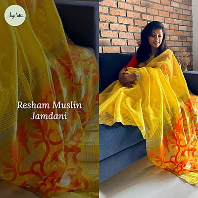 YELLOW RESHAM AND MUSLIN SAREE WITH JAMDANI PALLA