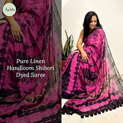 PURE LINEN SHIBORI DYED SAREE-PINK & BLACK