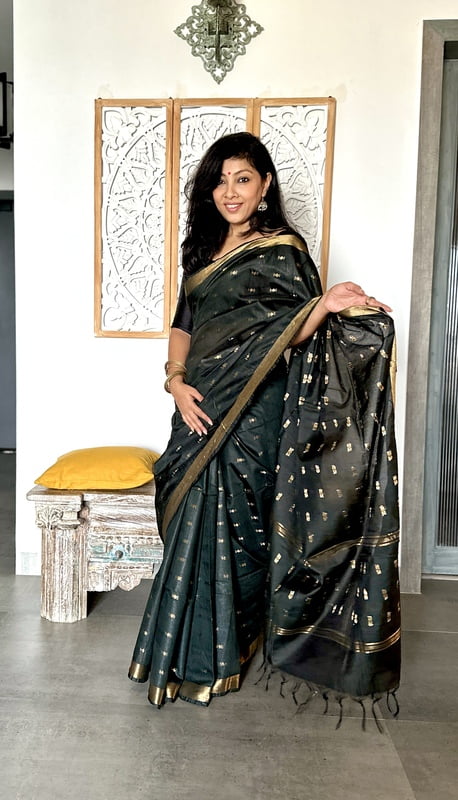 Cotton Silk Saree with Zari Boota All over - Black Cotton Silk Saree with Zari Boota All over - Black