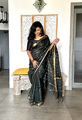 Cotton Silk Saree with Zari Boota All over - Black Cotton Silk Saree with Zari Boota All over - Black