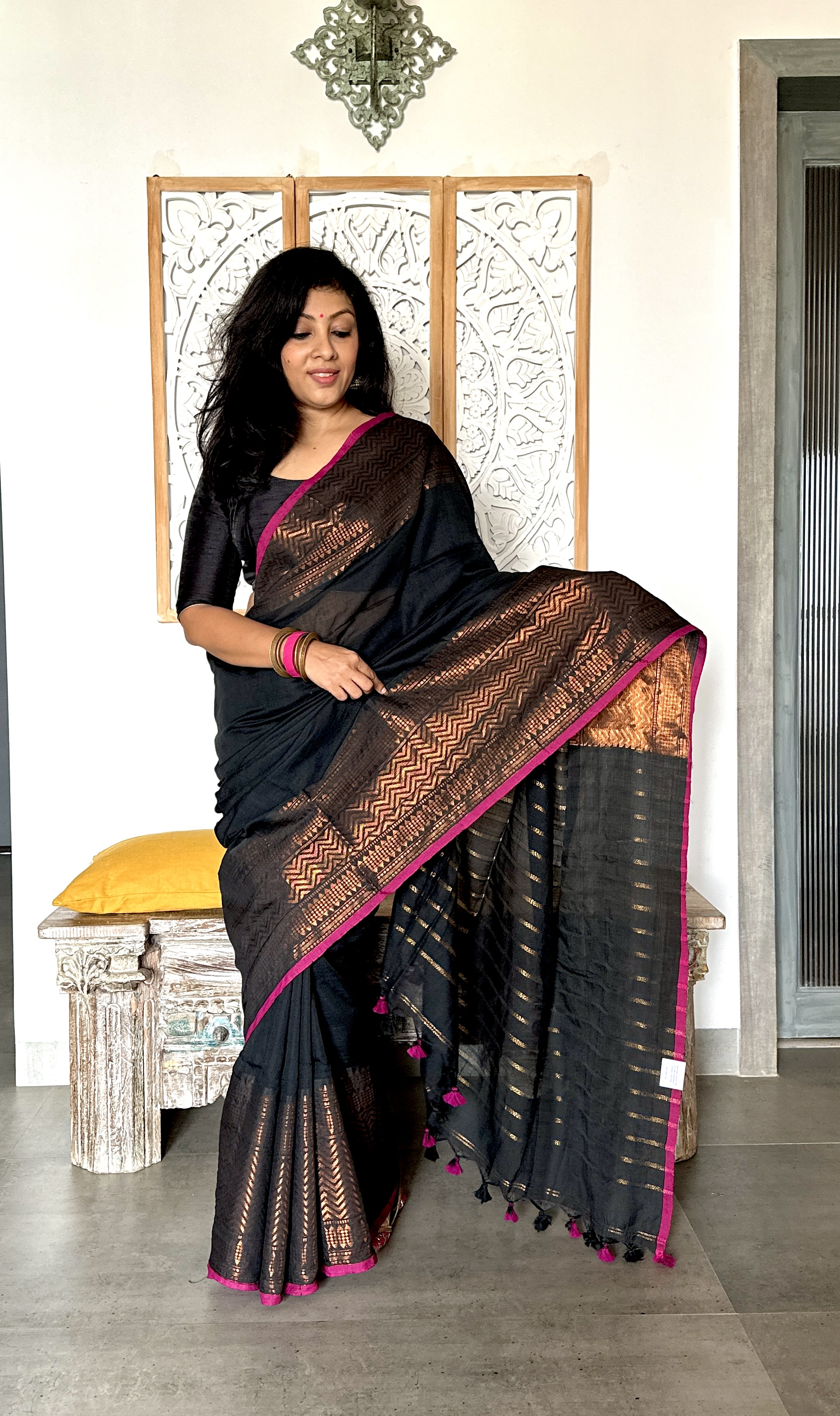 Cotton Silk Saree with Broad Zari Border - Black