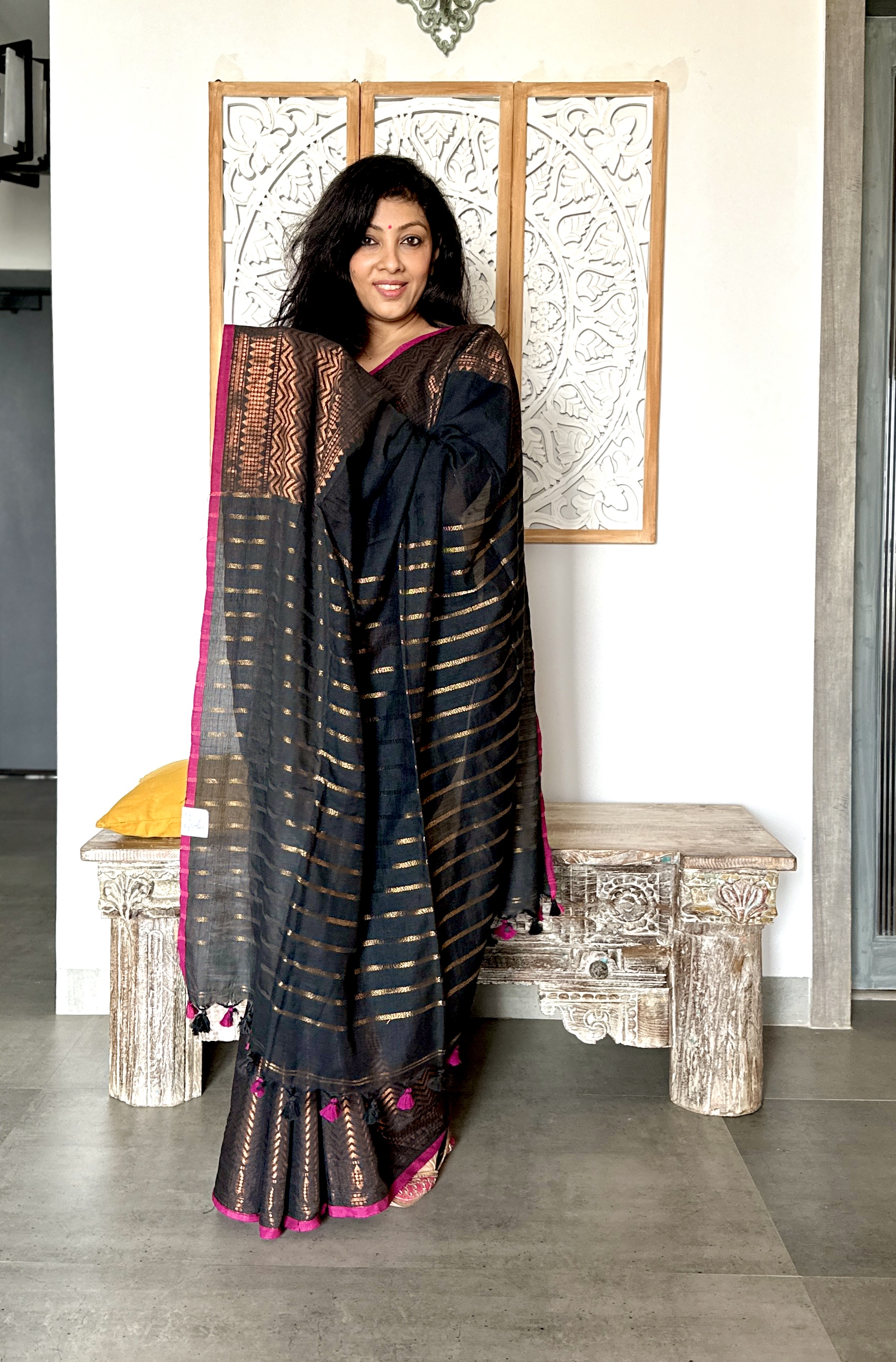 Cotton Silk Saree with Broad Zari Border - Black