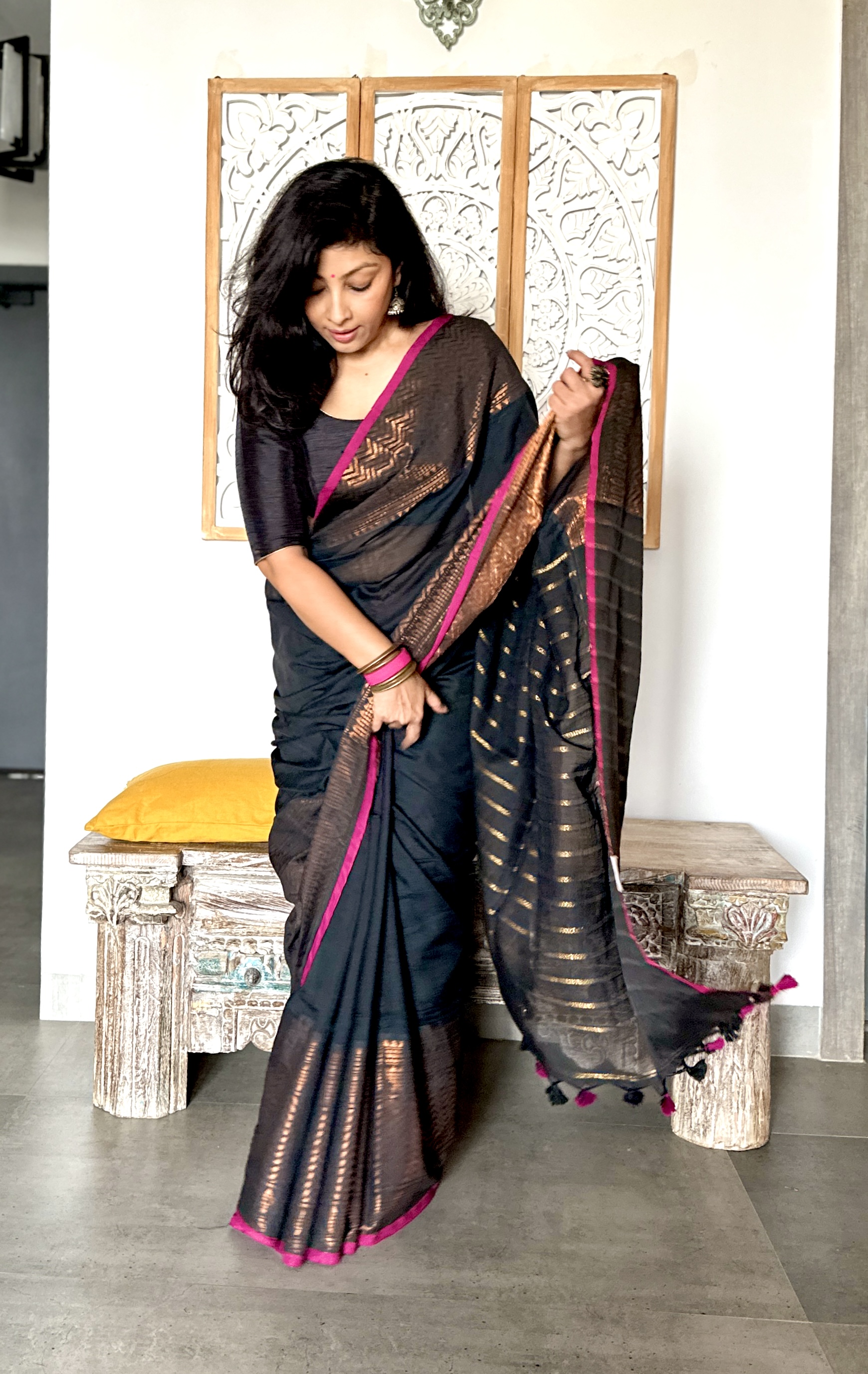 Cotton Silk Saree with Broad Zari Border - Black