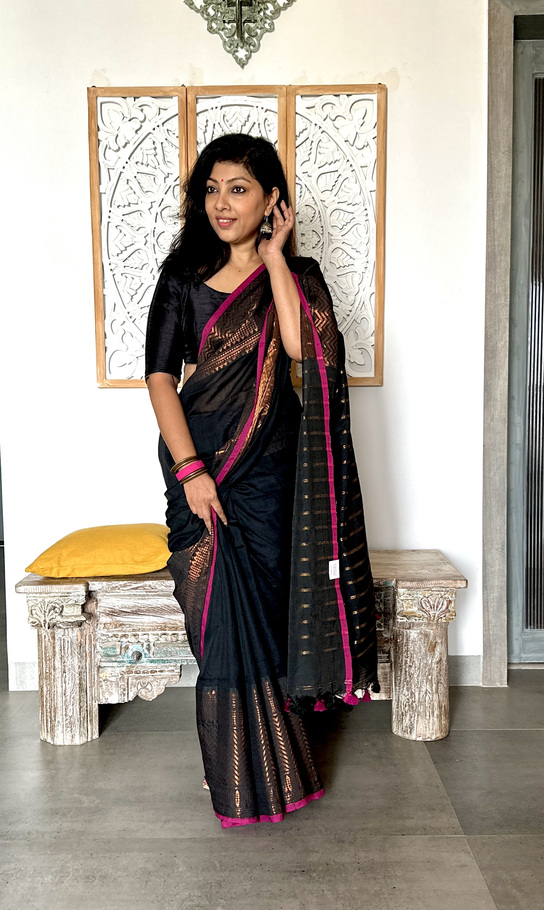 Cotton Silk Saree with Broad Zari Border - Black
