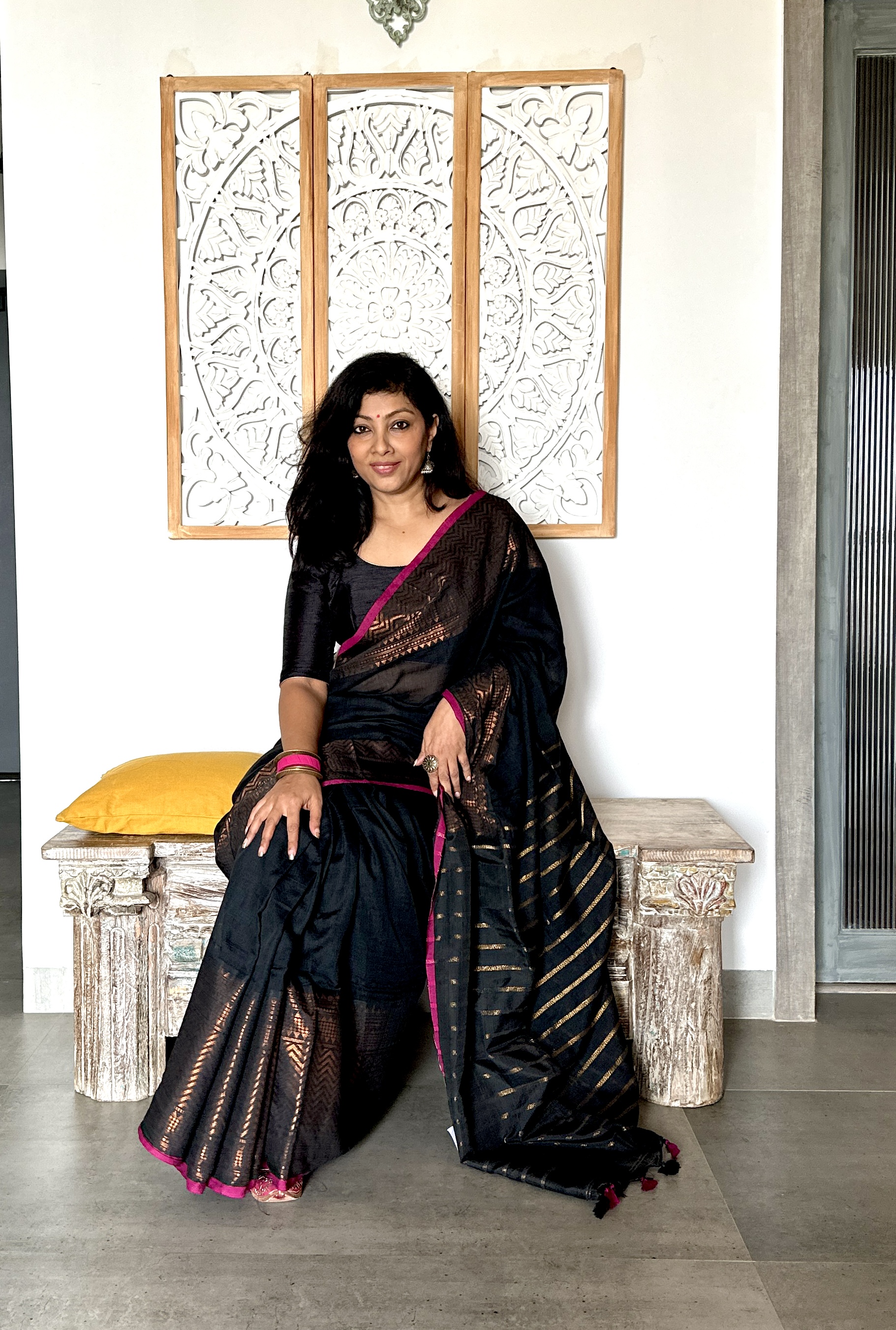 Cotton Silk Saree with Broad Zari Border - Black