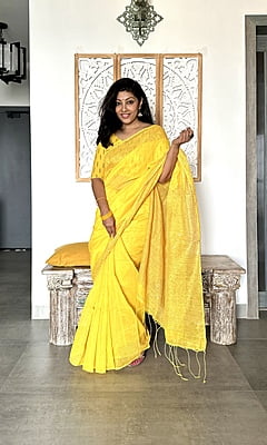 Cotton Silk Saree with Woven Border - Yellow Cotton Silk Saree with Woven Border - Yellow