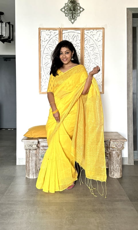 Cotton Silk Saree with Woven Border - Yellow Cotton Silk Saree with Woven Border - Yellow