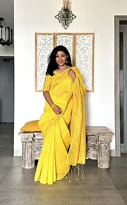 Cotton Silk Saree with Woven Border - Yellow Cotton Silk Saree with Woven Border - Yellow