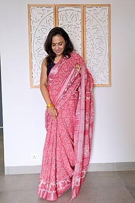 HANDBLOCK PRINT KHADI LINEN SAREE – PINK HANDBLOCK PRINT KHADI LINEN SAREE – PINK