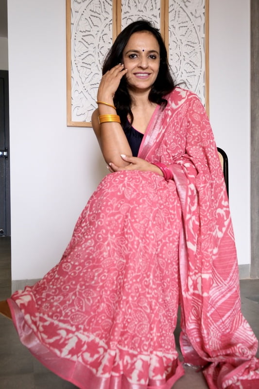 HANDBLOCK PRINT KHADI LINEN SAREE – PINK HANDBLOCK PRINT KHADI LINEN SAREE – PINK