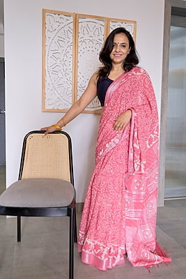 HANDBLOCK PRINT KHADI LINEN SAREE – PINK HANDBLOCK PRINT KHADI LINEN SAREE – PINK