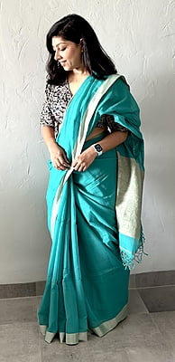 PURE HANDLOOM COTTON SAREE WITH GHICHA PALLU-TEAL GREEN