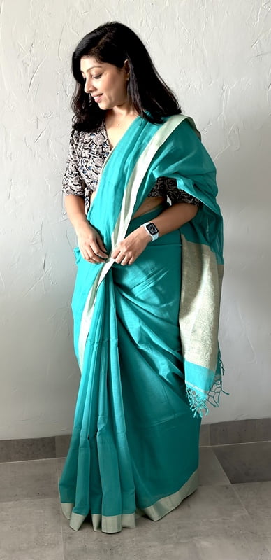 PURE HANDLOOM COTTON SAREE WITH GHICHA PALLU-TEAL GREEN PURE HANDLOOM COTTON SAREE WITH GHICHA PALLU-TEAL GREEN