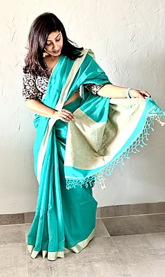 PURE HANDLOOM COTTON SAREE WITH GHICHA PALLU-TEAL GREEN PURE HANDLOOM COTTON SAREE WITH GHICHA PALLU-TEAL GREEN