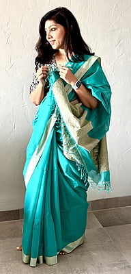 PURE HANDLOOM COTTON SAREE WITH GHICHA PALLU-TEAL GREEN PURE HANDLOOM COTTON SAREE WITH GHICHA PALLU-TEAL GREEN