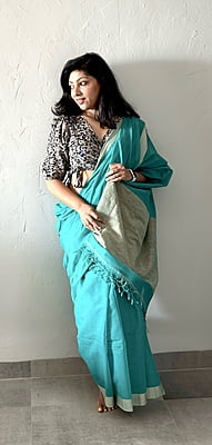 PURE HANDLOOM COTTON SAREE WITH GHICHA PALLU-TEAL GREEN PURE HANDLOOM COTTON SAREE WITH GHICHA PALLU-TEAL GREEN