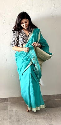 PURE HANDLOOM COTTON SAREE WITH GHICHA PALLU-TEAL GREEN PURE HANDLOOM COTTON SAREE WITH GHICHA PALLU-TEAL GREEN