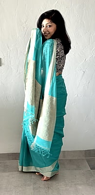 PURE HANDLOOM COTTON SAREE WITH GHICHA PALLU-TEAL GREEN PURE HANDLOOM COTTON SAREE WITH GHICHA PALLU-TEAL GREEN