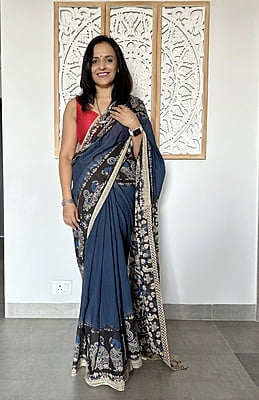 COTTON KALAMKARI SAREE - DARK GREY AND BLACK