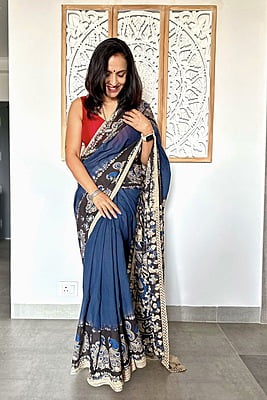 COTTON KALAMKARI SAREE - DARK GREY AND BLACK