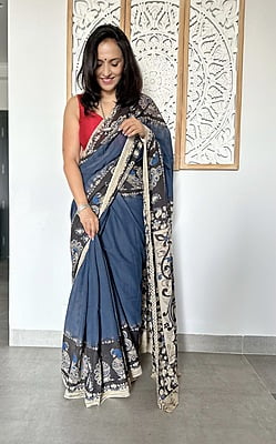 COTTON KALAMKARI SAREE - DARK GREY AND BLACK