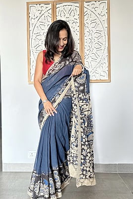 COTTON KALAMKARI SAREE - DARK GREY AND BLACK