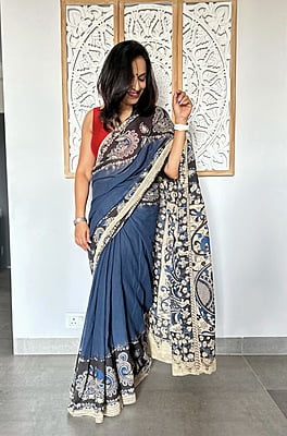 COTTON KALAMKARI SAREE - DARK GREY AND BLACK