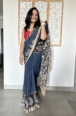 COTTON KALAMKARI SAREE - DARK GREY AND BLACK