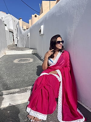 Pink Mulmul Saree with Crochete Lace Border Pink Mulmul Saree with Crochete Lace Border